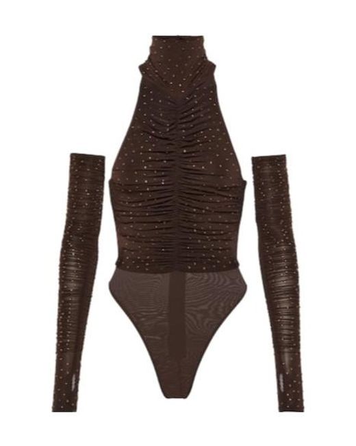 Alex Perry Brown Arlie Embellished Halterneck Bodysuit