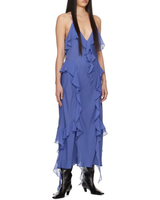Khaite Blue Ruffle-Trim Plunging V-Neck Maxi Dress