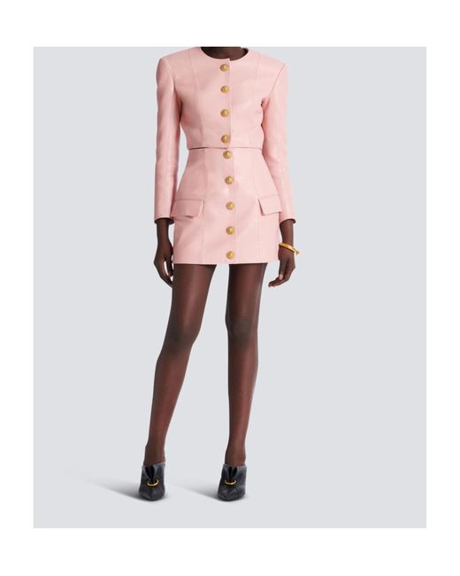 Balmain Pink Buttoned Mini Leather Skirt