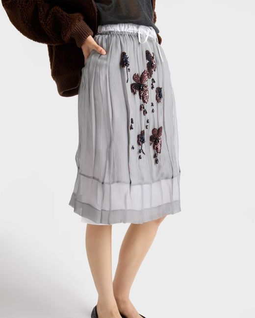 Prada Gray Embroidered Chiffon Midi Skirt