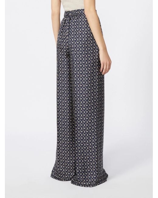 Max Mara Gray Silk Twill Printed Wide-Leg Trousers