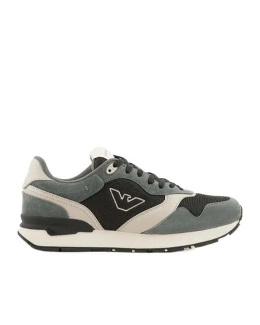 Emporio Armani Gray Logo Embroidered Mesh Panelled Sneakers for men