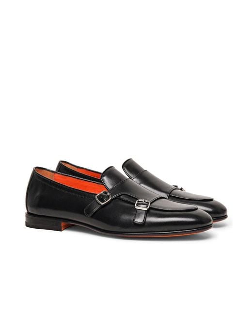 Santoni Black Double Monk Strap Shoes for men