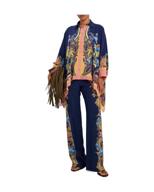 Etro Blue Printed Asymmetric Silk Shirt