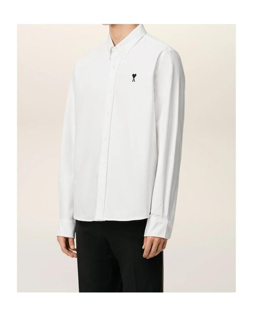 AMI White Ami De Coeur Logo Embroidered Buttoned Shirt for men