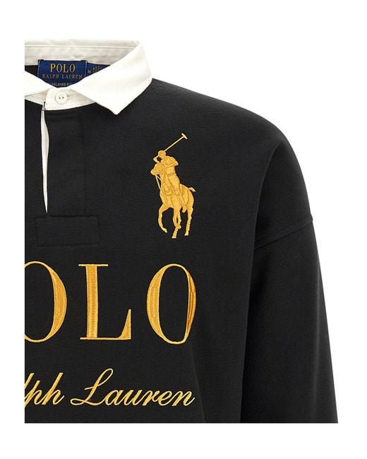 Polo Ralph Lauren Black Relaxed Fit Big Pony Rugby Sweatshirt Polo Shirt for men