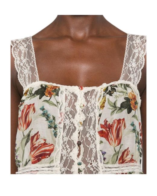 Alice + Olivia White Floral-Print Lace-Trim Top