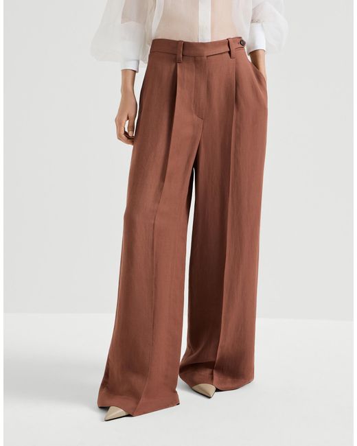 Brunello Cucinelli Brown Viscose And Linen Fluid Twill Wide Trousers With Monili