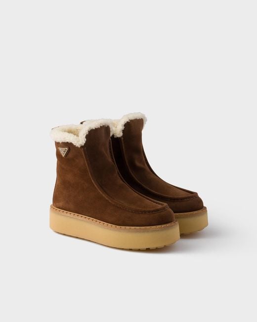 Prada Brown Suede And Shearling Booties