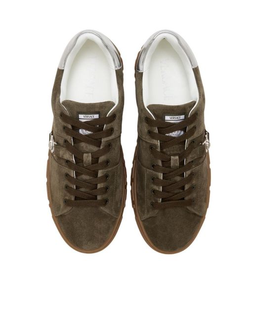 Versace Brown Greca Embellished Lace-Up Sneakers for men