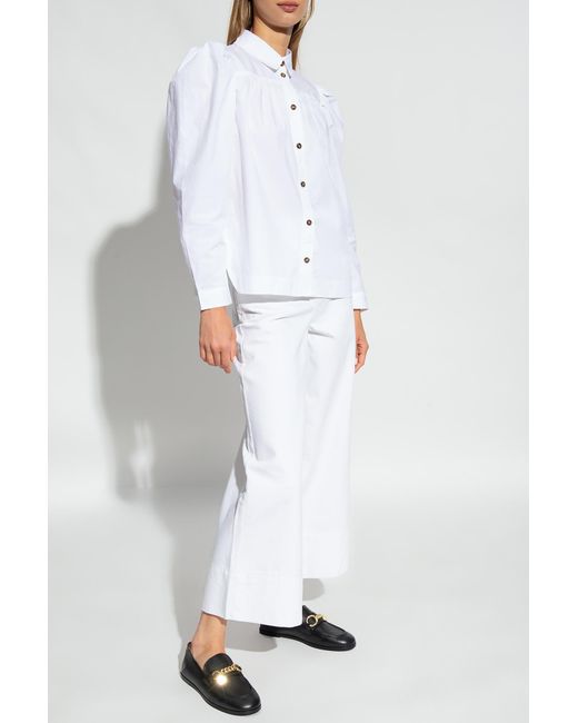 Ganni Blue Puff-Sleeved Poplin Shirt