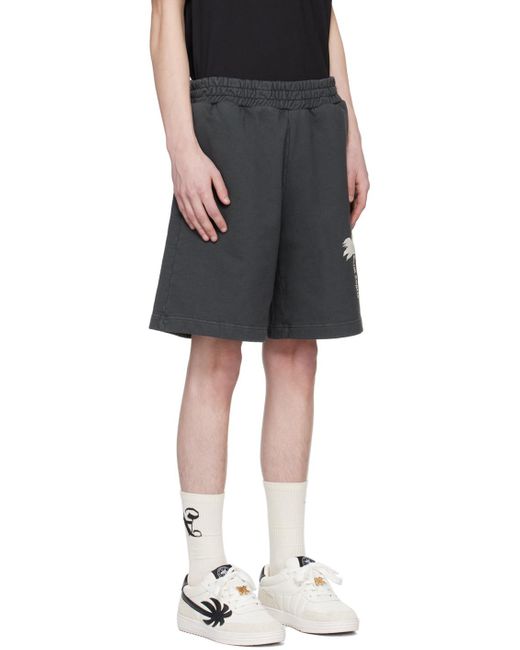 Palm Angels Gray Palm Tree-Printed Elasticated Waist Track Shorts for men
