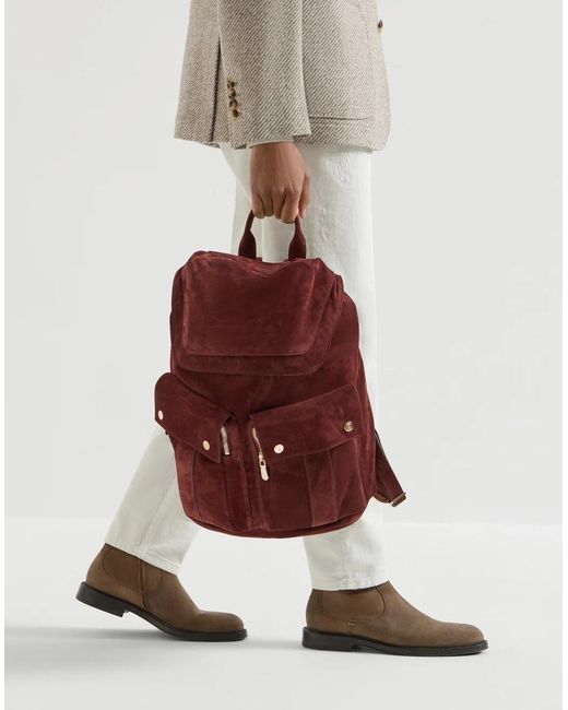 Brunello Cucinelli Red Suede Leisure Backpack for men