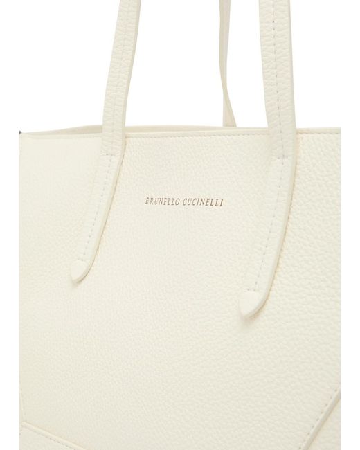 Brunello Cucinelli White Bead Medium Grained Leather Tote Bag