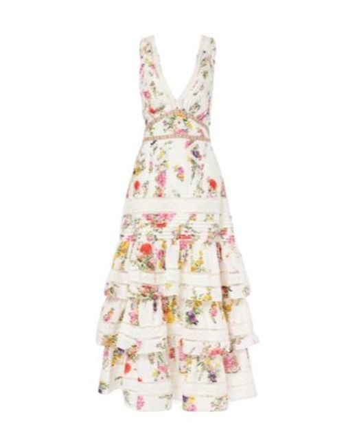 Camilla White Floral Tiered Cotton And Silk Maxi Dress