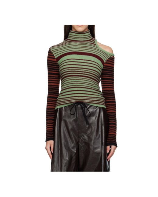 ANDERSSON BELL Green Elodie Multi-Striped Cutout Turtleneck