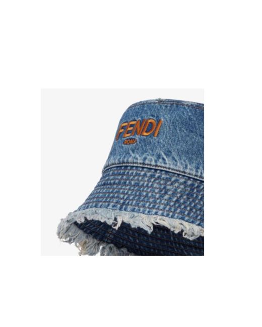 Fendi Blue Logo Embroidered Denim Bucket Hat for men