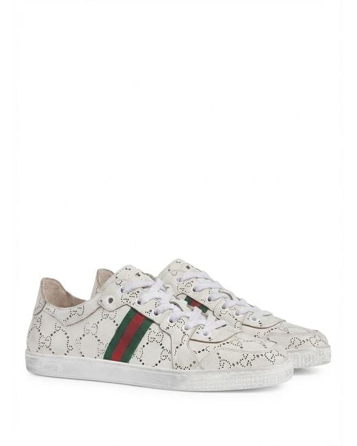 Gucci White Perforated Monogram Low-Top Sneakers for men