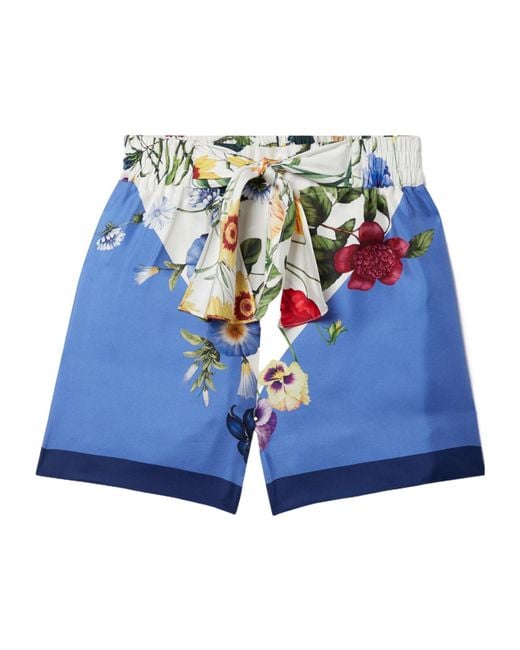 Oscar de la Renta Blue Floral-Print Silk Shorts