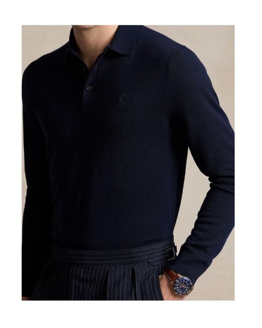 Polo Ralph Lauren Blue Logo Embroidered Long-Sleeved Polo Shirt for men
