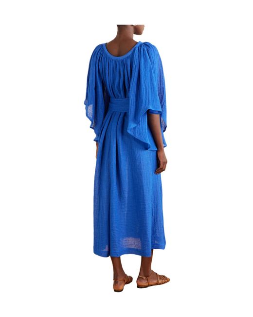 Lisa Marie Fernandez Blue Embellished Belted Crinkled Linen-Blend Gauze Midi Dress