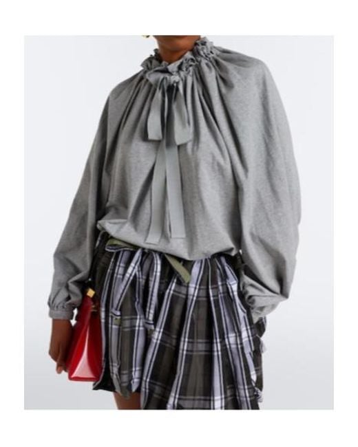 Patou Gray Bow-Detail Gathered Cotton Jersey Top
