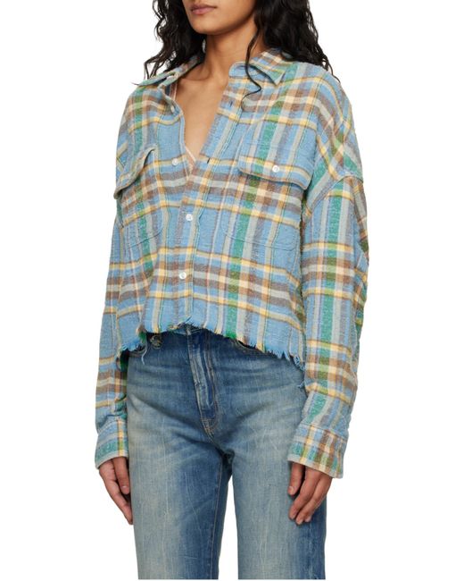 R13 Blue Check Pattern Cropped Fringed Work Shirt