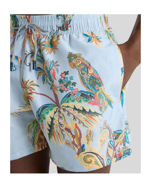 Etro Blue Swim Shorts With Placed Parrot And Palm Tree Print for men