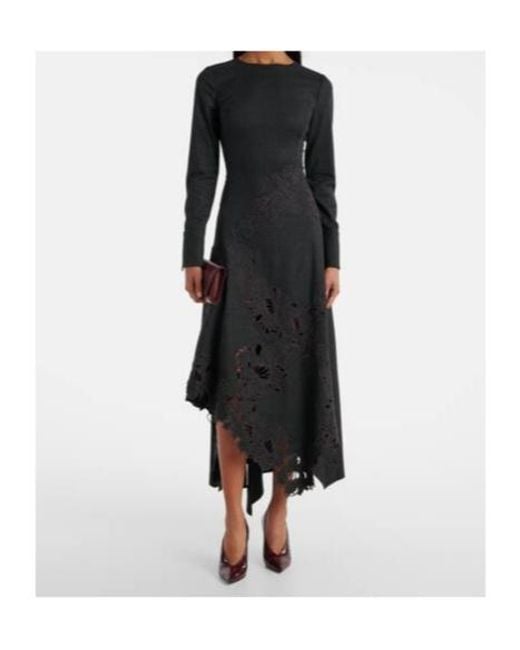 Oscar de la Renta Black Peony Asymmetric Wool Midi Dress