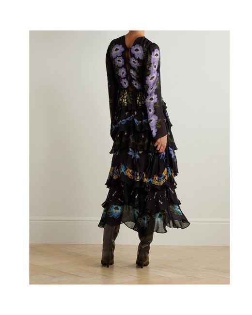 Farm Rio Black Floral-Print Ruffled Dress