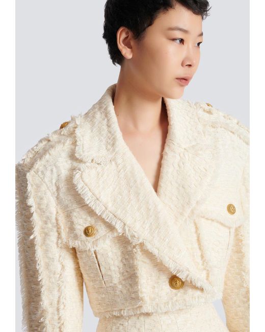 Balmain Natural Short Fringed Tweed Jacket