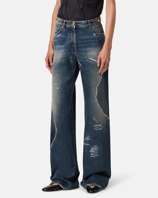 Versace Blue Logo-Patch Distressed Jeans