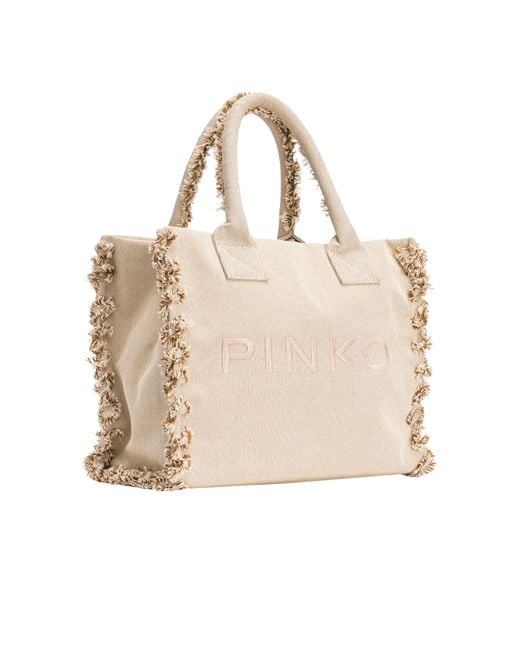 Pinko Natural Logo Embroidered Frayed-Edge Tote Bag