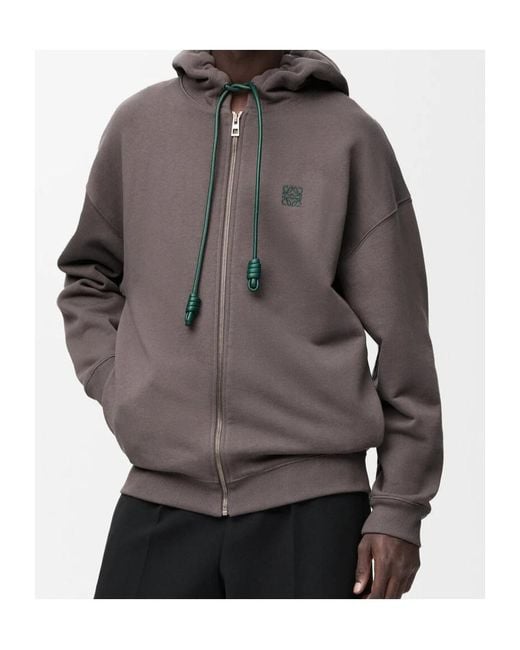 Loewe Gray Logo Embroidered Zipped Drawstring Hoodie for men