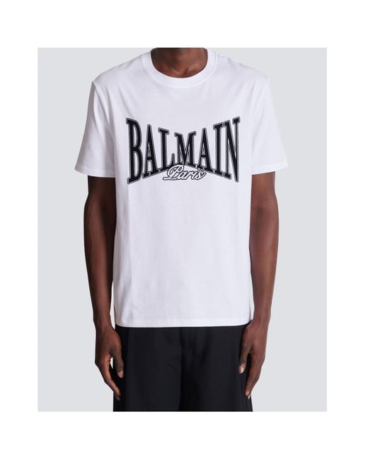 Balmain White Short-Sleeved T-Shirt With Flocked College Print for men