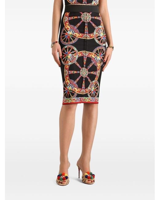 Dolce & Gabbana Black Carretto-Print Charmeuse Long Skirt