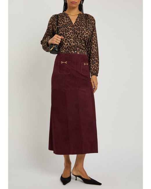Rixo Purple Edwina Horsebit-Embellished Suede Midi Skirt