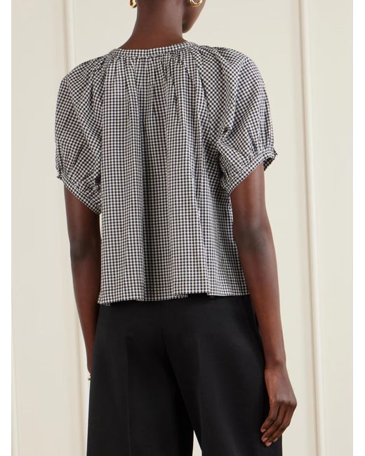 Doen Gray And- Gingham Puff-Sleeve Cotton Blouse