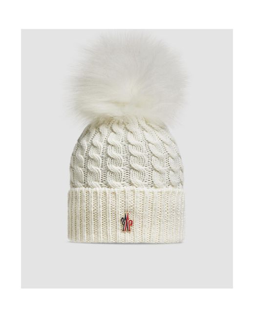 Moncler White Grenoble Cable Knit Pom Pom Beanie Hat