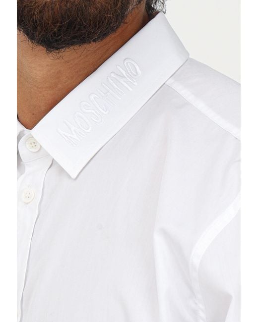 Moschino White Logo-Embroidered Long-Sleeve Cotton Shirt for men