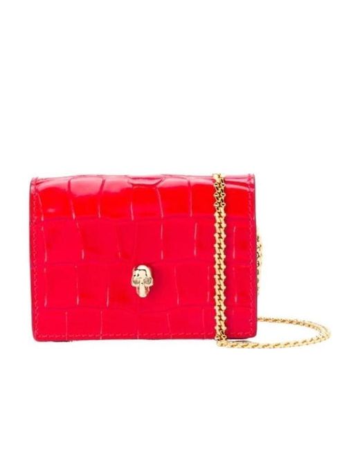 Alexander McQueen Red Skull-Stud Chain Wallet