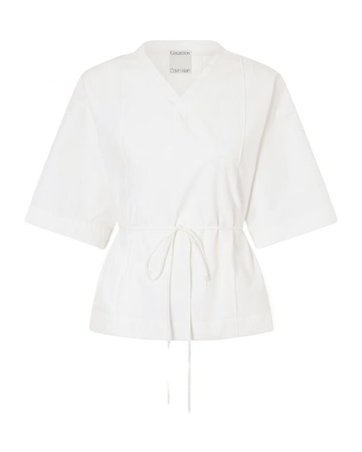 Calvin Klein White Lynn Cotton-Poplin Wrap Blouse