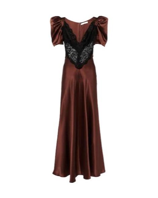 Rodarte Brown Lace-Trimmed Silk Charmeuse Gown