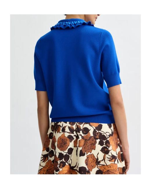 Essentiel Antwerp Blue Ruffle Fine-Knit Polo Top With Bead Embellishments