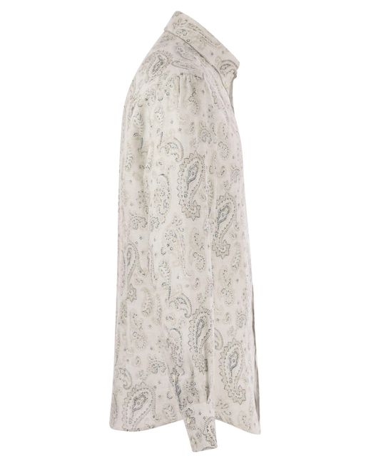Brunello Cucinelli White Paisley-Printed Long-Sleeved Shirt for men