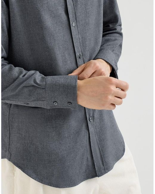 Brunello Cucinelli Gray Stretch Cotton Chevron Flannel Shirt With Spread Collar for men