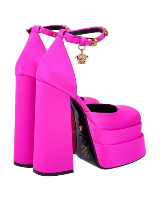Versace Pink Medusa Head Charm Satin Platform Pumps