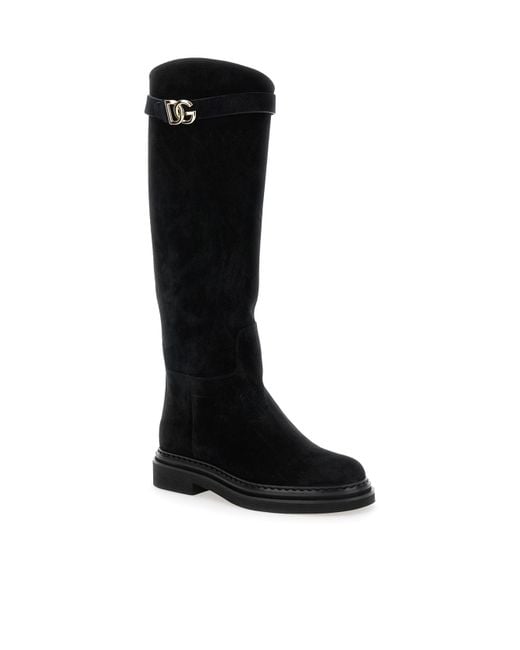 Dolce & Gabbana Black Logo Plaque Round Toe Boots