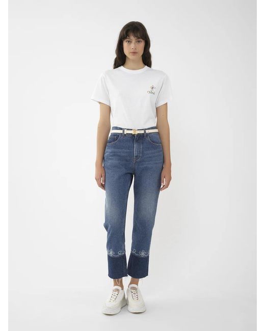 Chloé White Chloé Logo Embroidered Crewneck T-Shirt