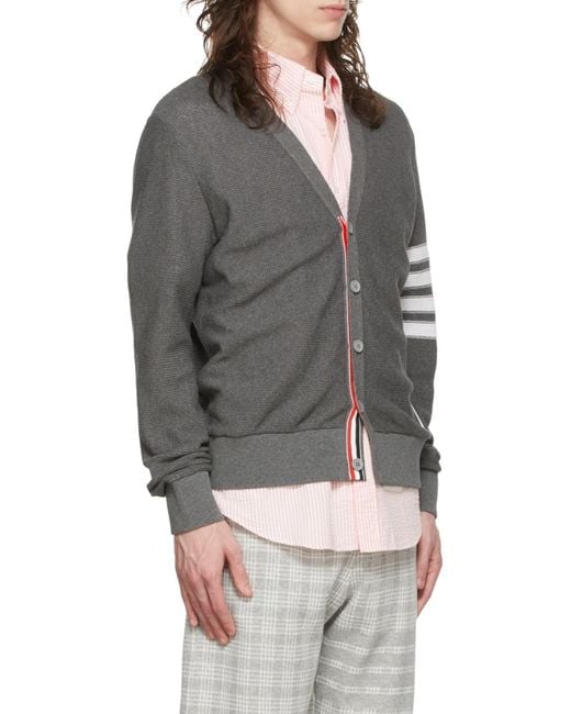 Thom Browne Gray Striped V-Neck Cardigan for men